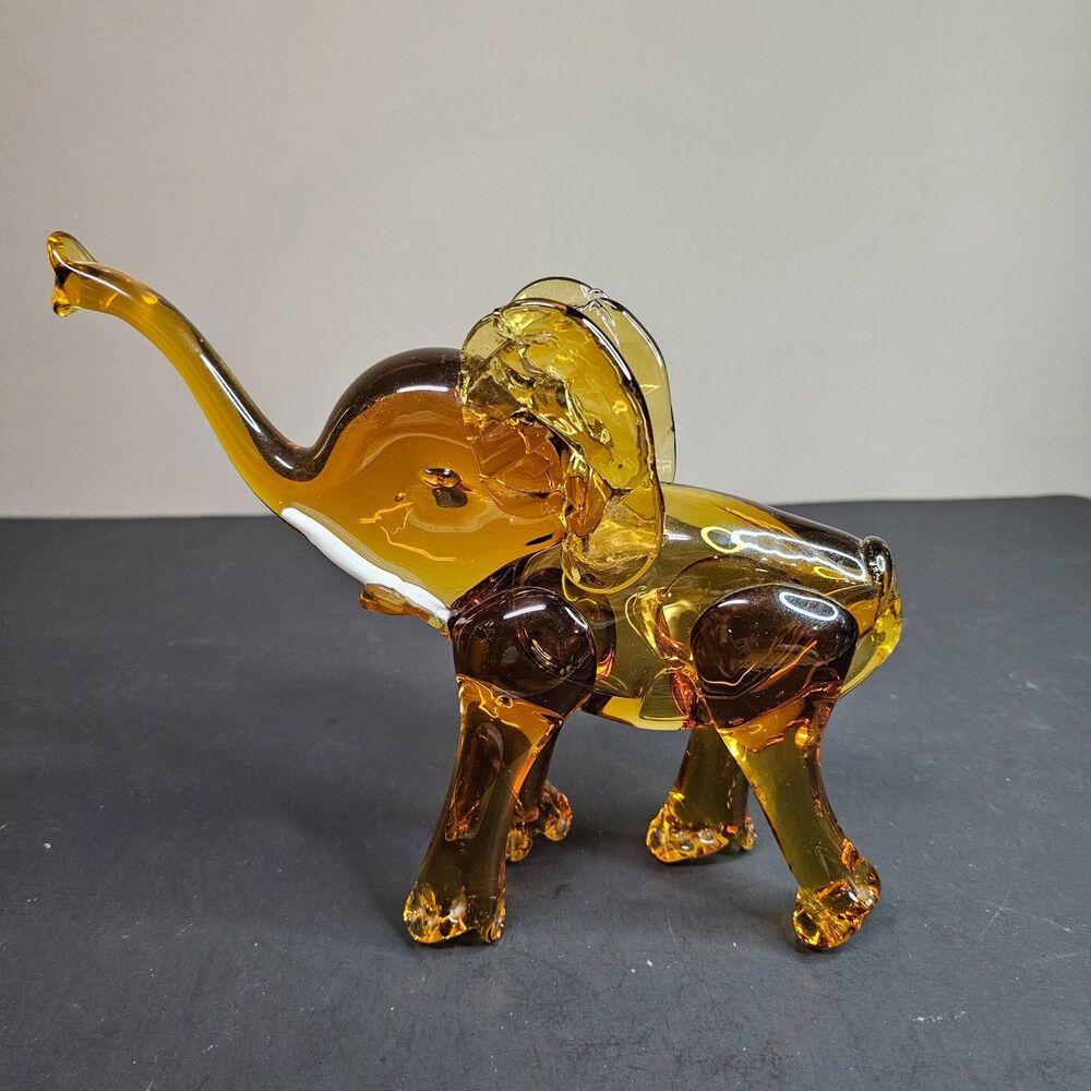 Vtg Murano Glass Elephant Amber Yellow Venetian Figurine Mid-Century 7.5"